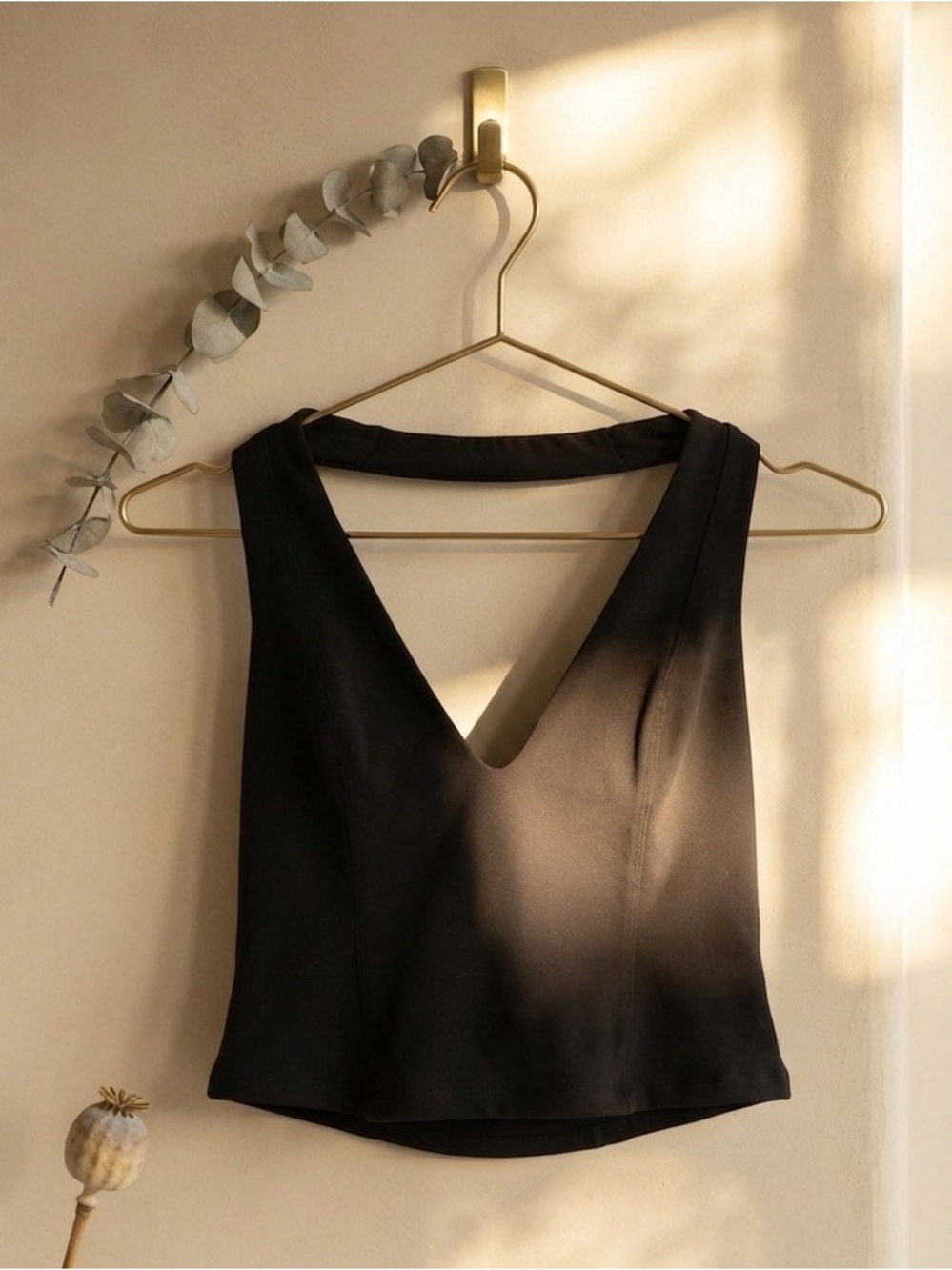 Free People Black Deep V-Neck Halter Top Stretch Cropped Tank